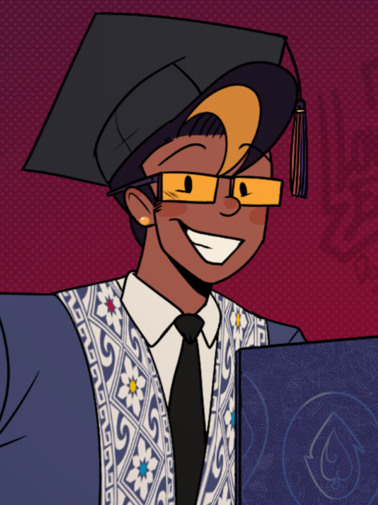 An image of Darryl, a dark-skinned man wearing yellow-tinted shades, with black hair and blond accents wearing a graduation hat and gown.